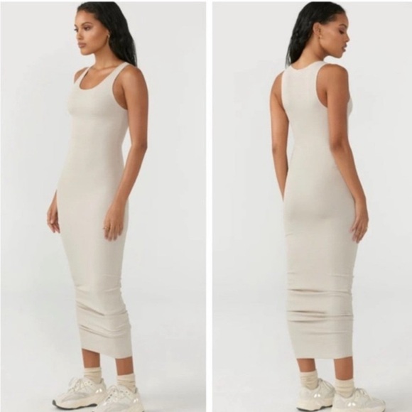 Joah Brown Cream Ribbed Bodycon Midi Dress S / M - Picture 1 of 8